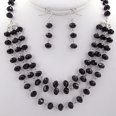 Wholesale black Faceted Glass Bead Designs Polished Silver Necklace Earring Set