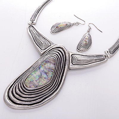 Wholesale mod Polished Silver Pendant Earring Set Black Trim Genuine Mother Pear