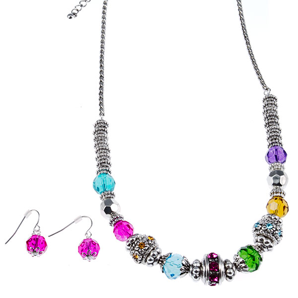 Wholesale silver bas relief bead necklace earring set aqua lavendar emerald ambe