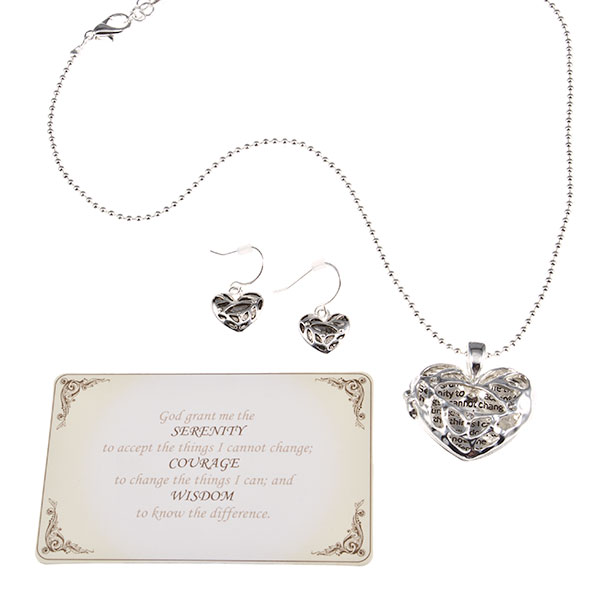 Wholesale heart filigree necklace earring set serenity prayer inscribed inside J