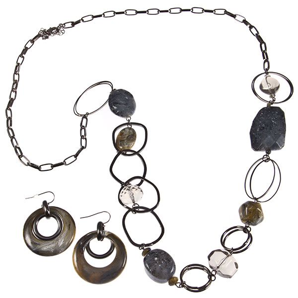 Wholesale inch necklace earring set antiqued silver chain assorted rings stone