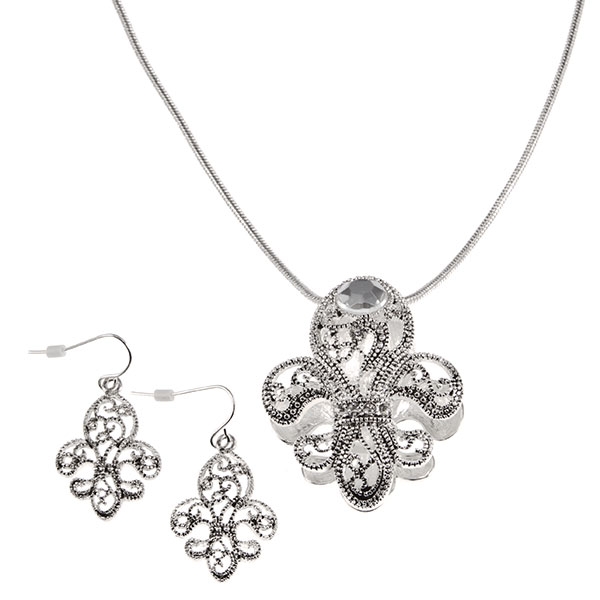 Wholesale silver necklace earring set inches double sided fleur di lis large fac