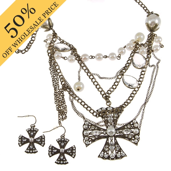 Wholesale inch gold chain necklace earring set pearl beads Byzantine crosses in