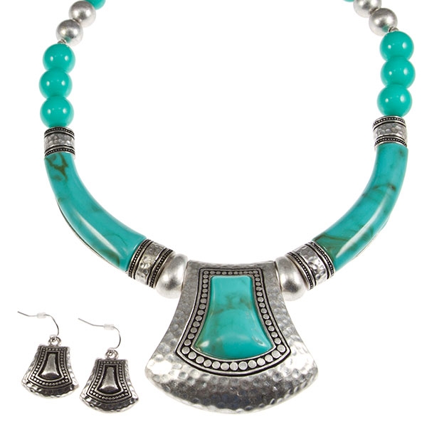 Wholesale bold turquoise necklace earring set inches Egyptian hammered silver me