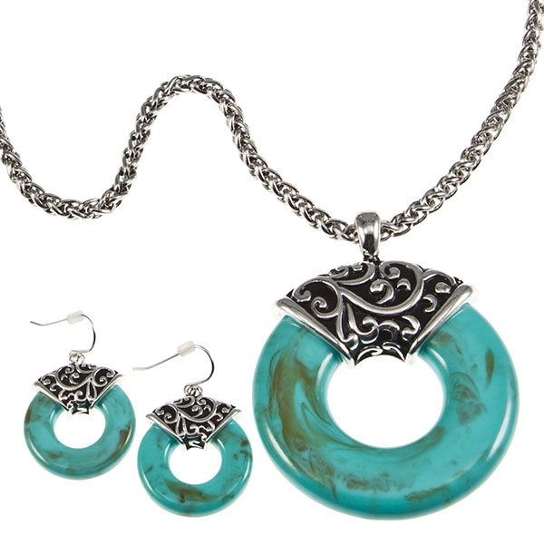 Wholesale polished silver chain necklace earring set fauna bas relief shield tur