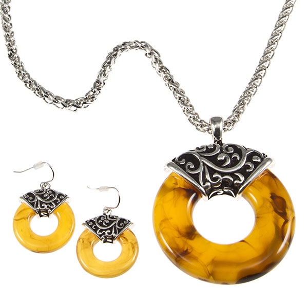 Wholesale silver chain necklace earring set inches translucent amber ring medall