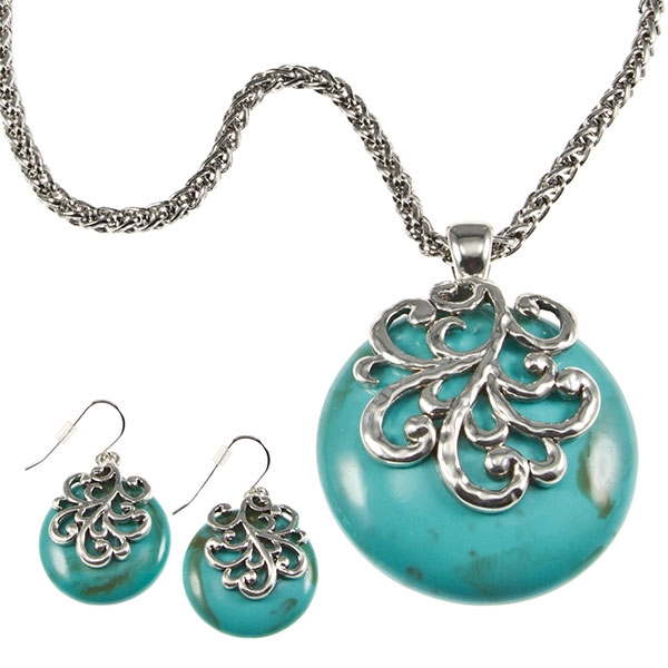 Wholesale silver chain necklace earring set inches inch turquoise layered silver
