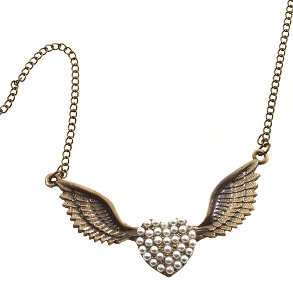 Wholesale inch Gold chain necklace heart wings motif heart covered pearl beads