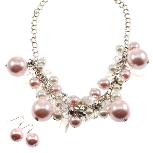 Wholesale silver chain necklace earring set soft baby pink white pearl beads