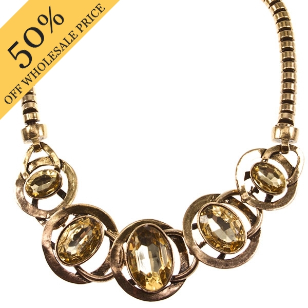 Wholesale gold inch necklace hammered connected rings five amber faceted simulat