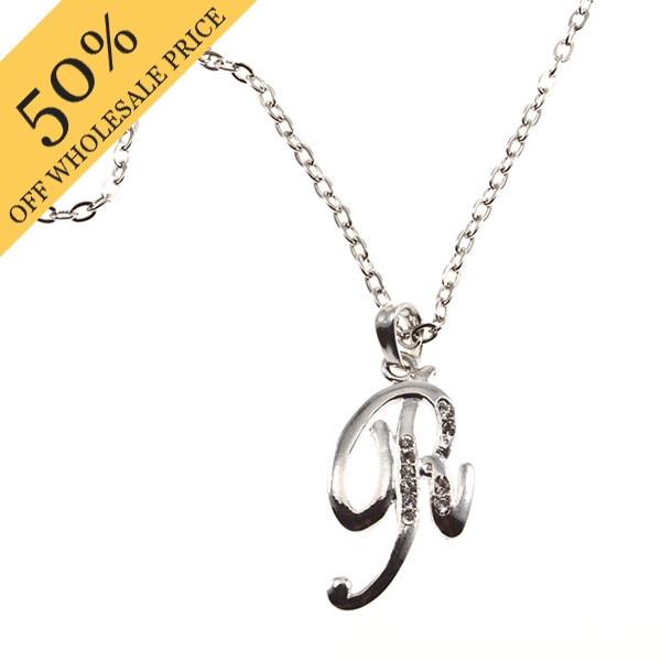 Wholesale silver chain necklace initial pendant crystal rhinestones letter R