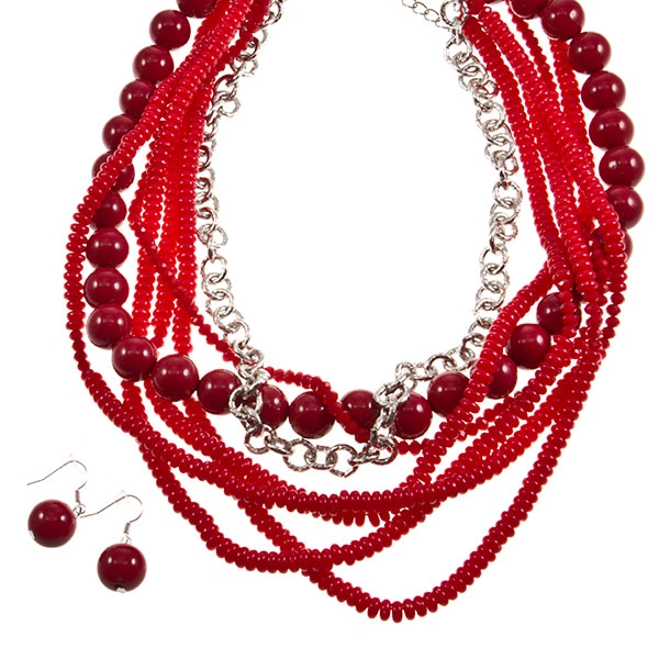 Wholesale silver chain necklace fire engine red assorted beads matching earrings