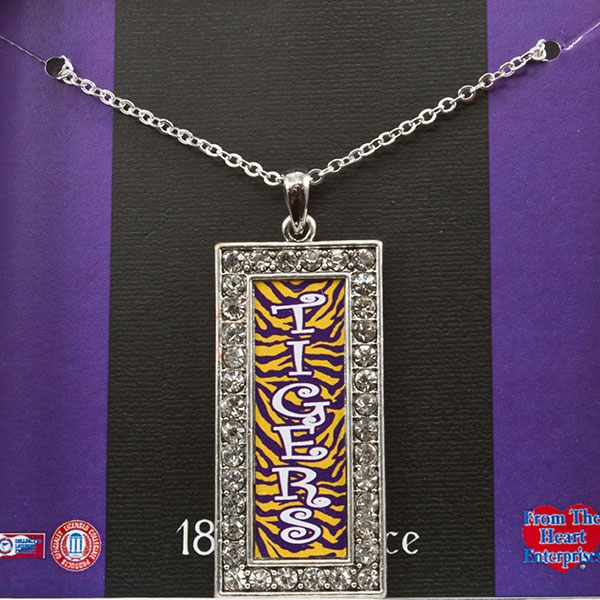 Wholesale silver toned inch necklace purple yellow zebra print Tigers pendant cz