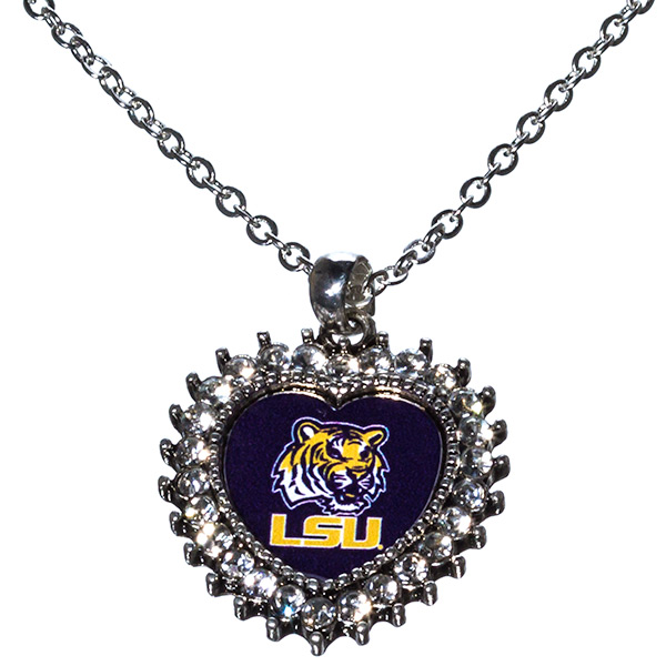 Wholesale inch Silver toned necklace crystal rhinestones surrounding heart LSU