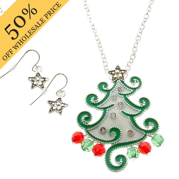 Wholesale green Christmas tree necklace star earrings