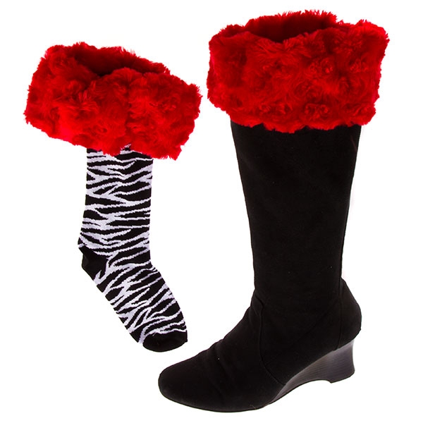 Wholesale bootleggers black zebra print boot socks topped red fur cuff
