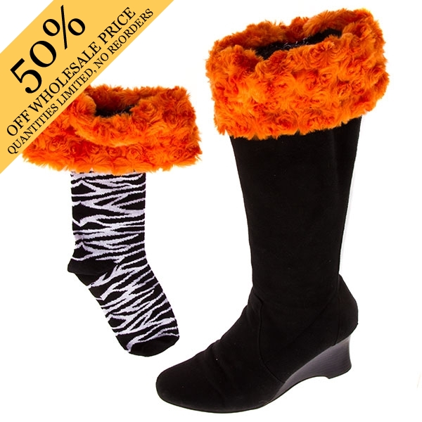 Wholesale bootleggers black zebra prints boot socks topped orange fur cuff