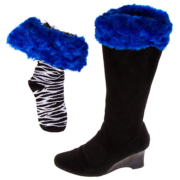 Wholesale bootleggers black zebra print boot socks topped royal blue fur cuff