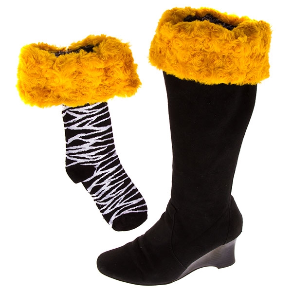 Wholesale bootleggers black zebra print boot socks topped gold fur cuff