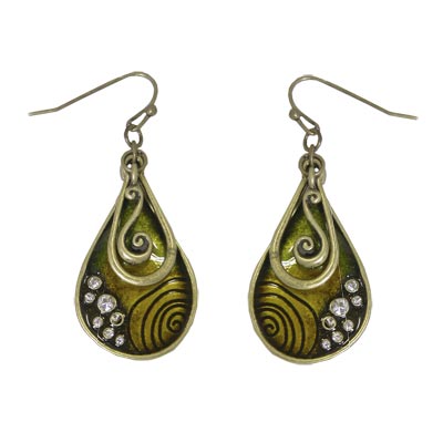 Wholesale art Deco Green Gold Brown Teardrop Burnished Bronze Earring Simulated