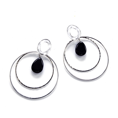 Wholesale polished Silver Hoops Black Stone Accent Earrings Nickel Lead Free Ear