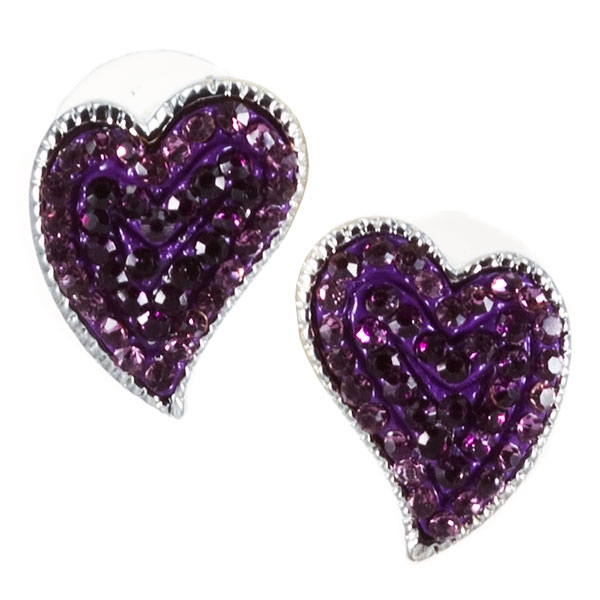 Wholesale silver finish fashion earrings heart encrusted amethyst rhinestones Ju