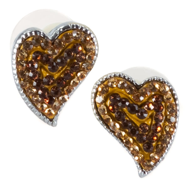 Wholesale silver finish fashion earrings heart encrusted amber topaz rhinestones