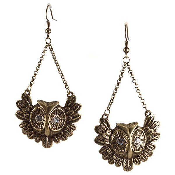 Wholesale dangling owls flight earrings antique gold finish crystal rhinestones