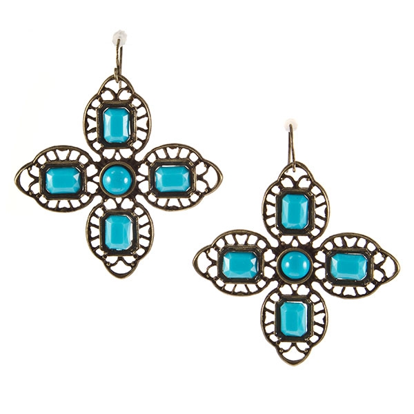 Wholesale gold finish petal earrings framing turquoise cabochon centers