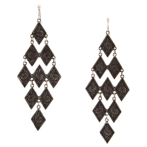Wholesale dangling antique silver earrings bas relief diamond shapes