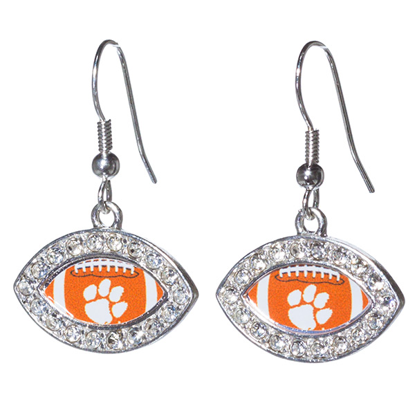 Wholesale clemson University silver football logo earrings edged crystal rhinest