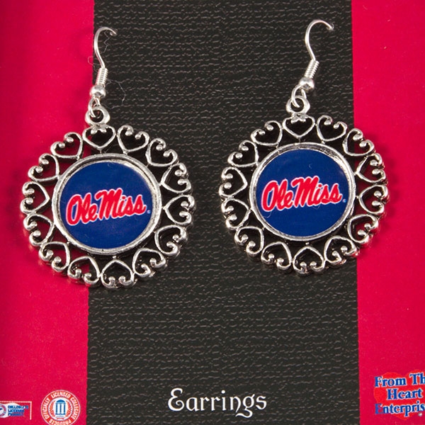 Wholesale ole Miss earrings logo center circle framed connected filigree hearts