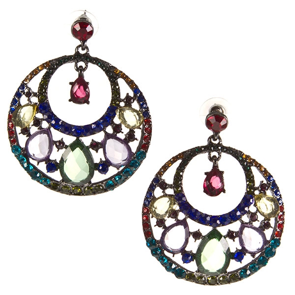 Wholesale multicolored rhinestone earrings open filigree stained glass appearanc