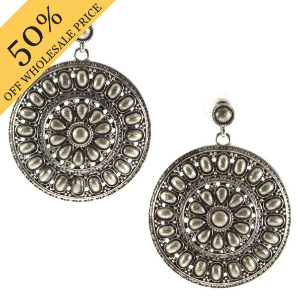 Wholesale silver inch medallion earrings glittery silver cabochons
