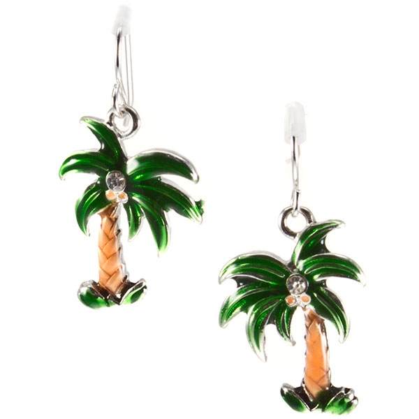Wholesale silver earrings green amber palm trees center crystal rhinestones