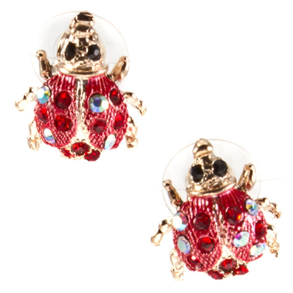 Wholesale red gold ladybug earrings ruby iridescent rhinestones