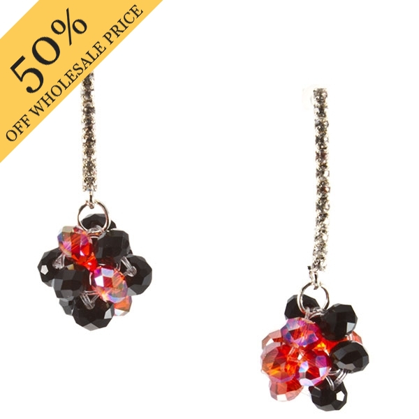 Wholesale silver dangling earrings red black faceted beads hanging row czs