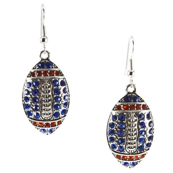 Wholesale silver toned fishhook earrings football blue orange rhinestones