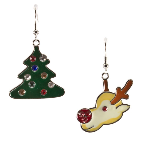 Wholesale silver toned fishhook earrings Christmas tree reindeer assorted rhines