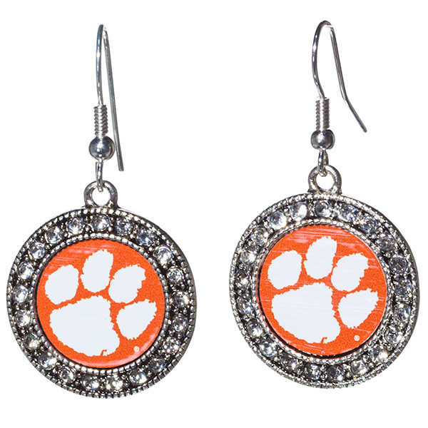 Wholesale silver toned Clemson earrings crystal rhinestones surrounding logo
