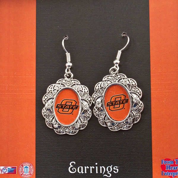 Wholesale oklahoma State inspired silver toned fishhook earrings