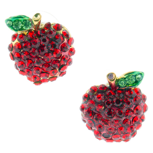 Wholesale gOLD APPLE STUD EARRINGS COVERED RED RHINESTONES