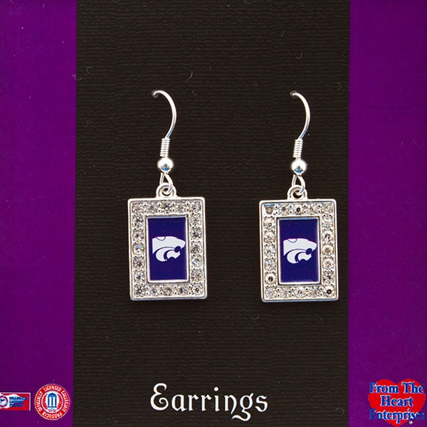 Wholesale kansas State silver earrings vertical block logo center framed crystal