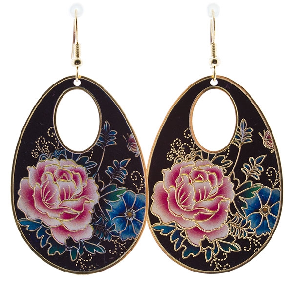 Wholesale teardrop earrings floral garden black gold accents