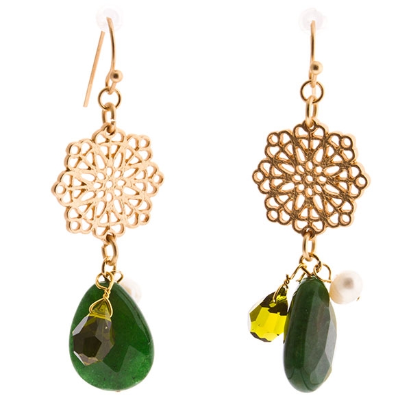 Wholesale gold earrings filigree floral teardrop forest green stone approx