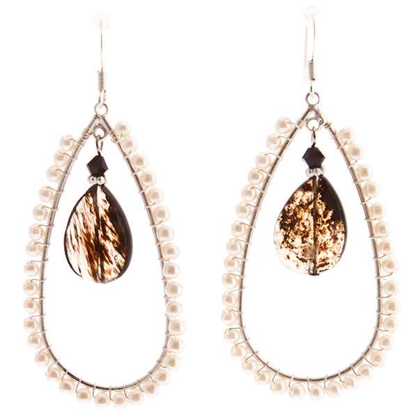 Wholesale dangling oval earrings pearl beads earrings dangling black moss stone