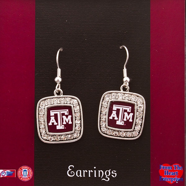 Wholesale square fish hook earrings crystal rhinestones surrounding Texas M logo