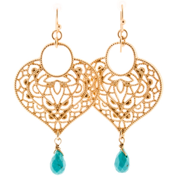 Wholesale gold dangling earrings filigree heart sea green drop natural stone app