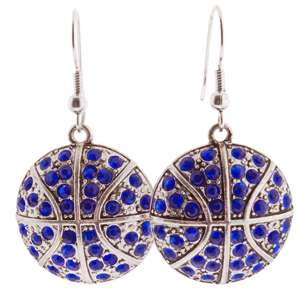 Wholesale silver basketball earrings royal blue rhinestones