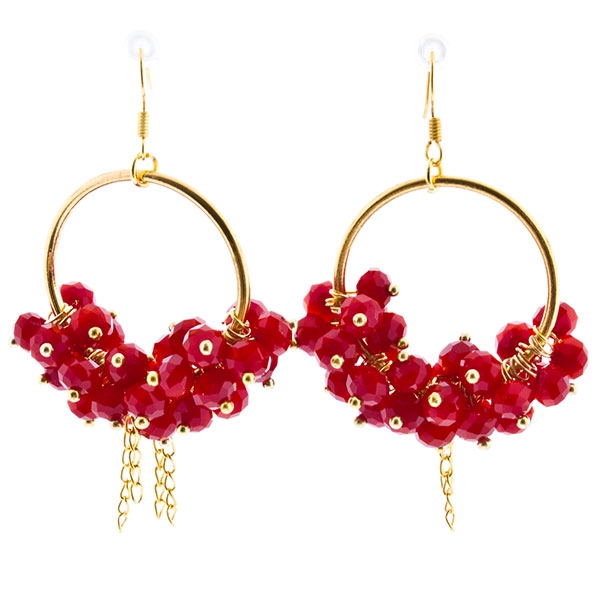 Wholesale earrings gold finish clusters ruby red beads dangling chain accents